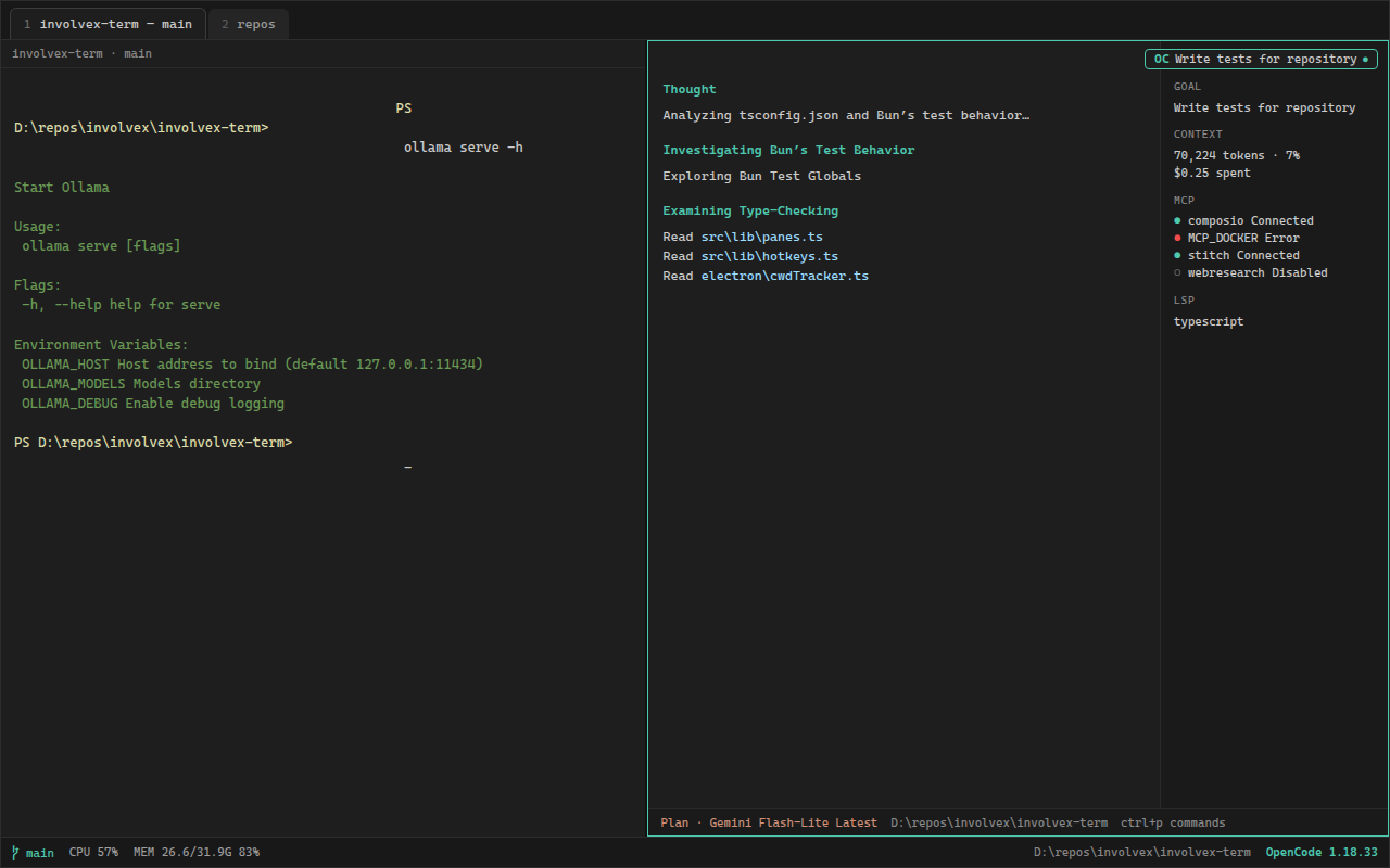 involvex-term split view: PowerShell on the left, OpenCode agent on the right with OC badge and Git footer